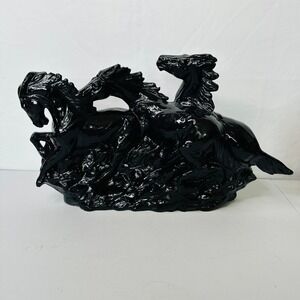 Vintage Glossy Black Ceramic Three Running Wild Horses Sculpture Figurine 15in